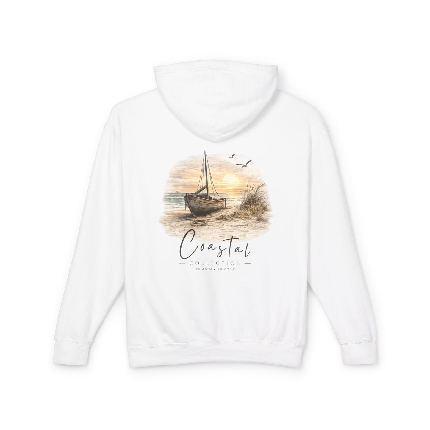 Unisex Adult Coastal Beach Sunset Sailboat Back Design Hoodie — Nautical Coastal Graphic Lightweight Hooded Sweatshirt  w/ Logo (Additional Color)