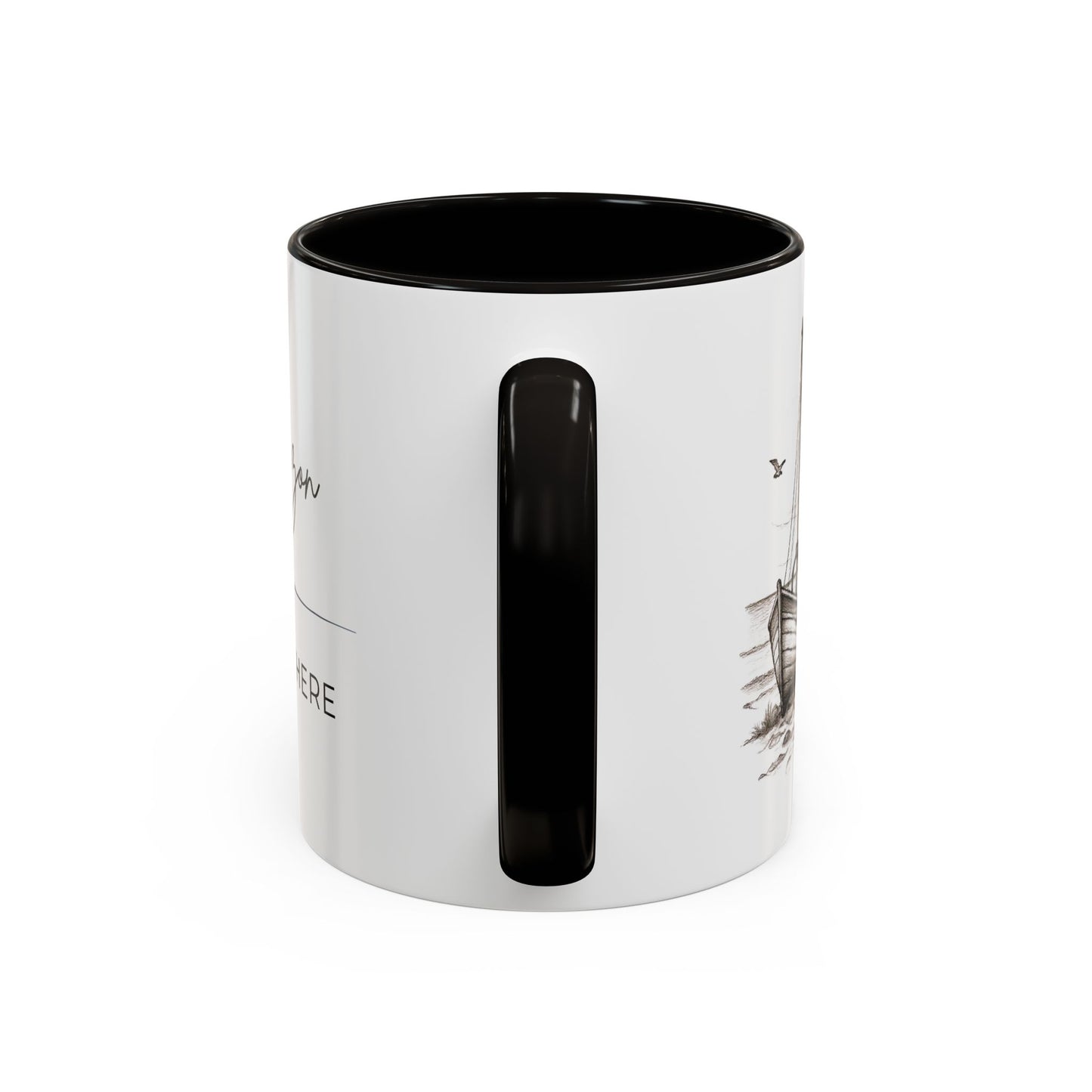 Sailboat, Beach & Horizon Nautical Design Coffee Mug — "The Horizon Is Always There" Coastal Ceramic Black Accent Mug (11oz, 15oz)