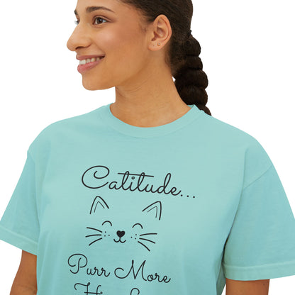 Catitude Boxy Tee — “Purr More, Hiss Less” Cute Cat Graphic T-Shirt (Additional Colors)