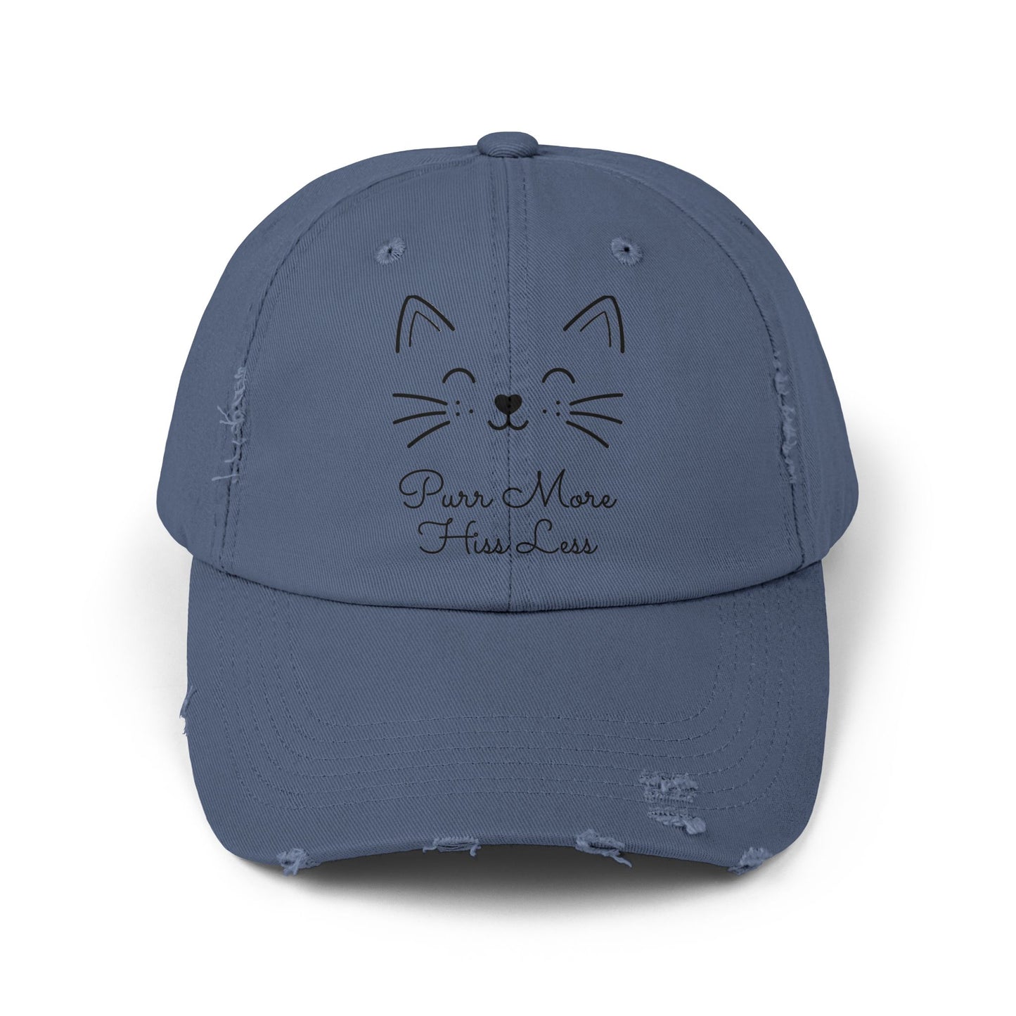 Unisex Cat Face Design Distressed Cap - 'Purr More, Hiss Less' Hat (Additional Colors)