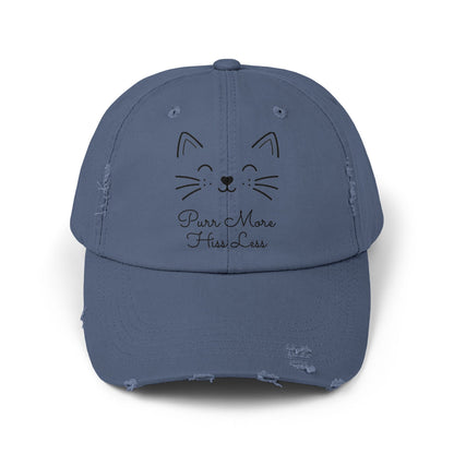 Unisex Cat Face Design Distressed Cap - 'Purr More, Hiss Less' Hat (Additional Colors)