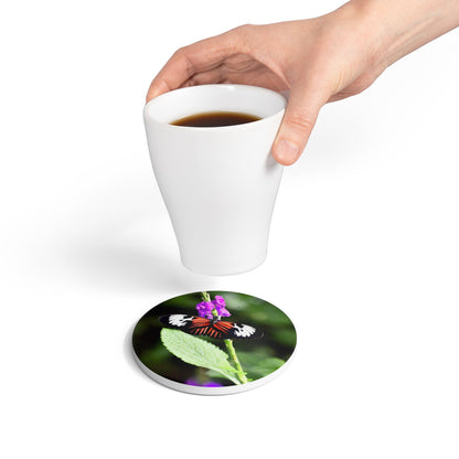 Nature-Inspired Colorful Butterfly and Blossom Collectible Ceramic Drink Coaster, 1 Piece