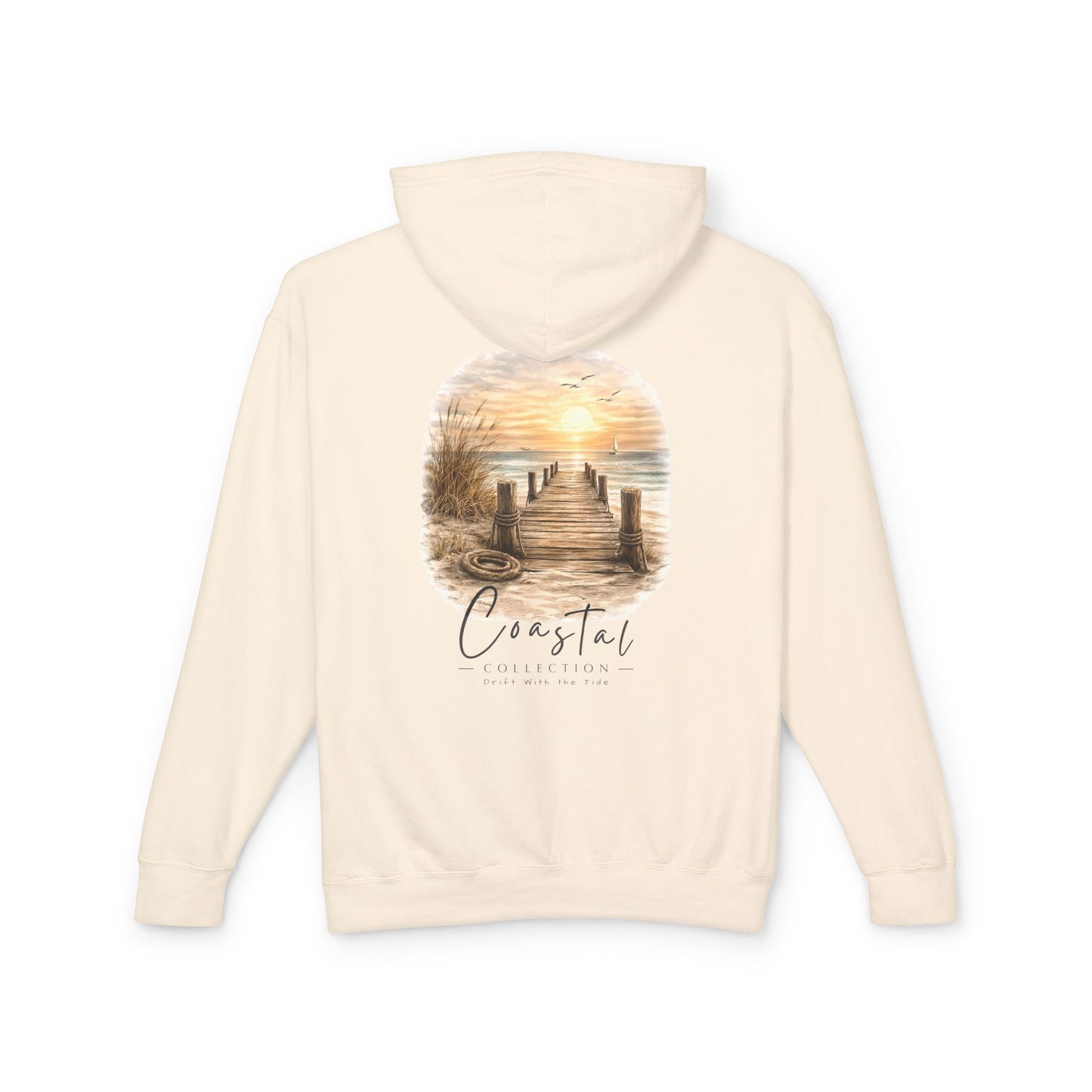 Unisex Adult Coastal Weathered Dock Sunrise Hoodie — 'Drift With the Tide' Graphic w/ Front Logo Lightweight Hooded Sweatshirt (Additional Color)