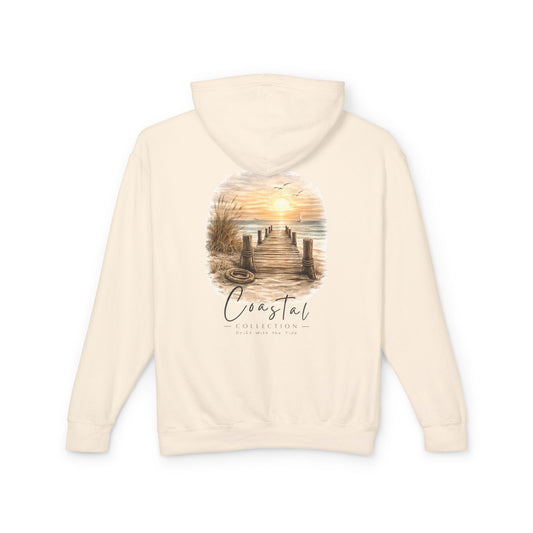 Unisex Adult Coastal Weathered Dock Sunrise Hoodie — 'Drift With the Tide' Graphic w/ Front Logo Lightweight Hooded Sweatshirt (Additional Color)