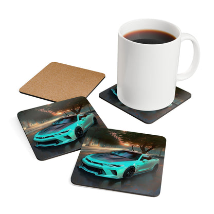 Sunset Scene Teal Camaro Sports Car Theme Cork Drink Coaster Set, (4 Piece)