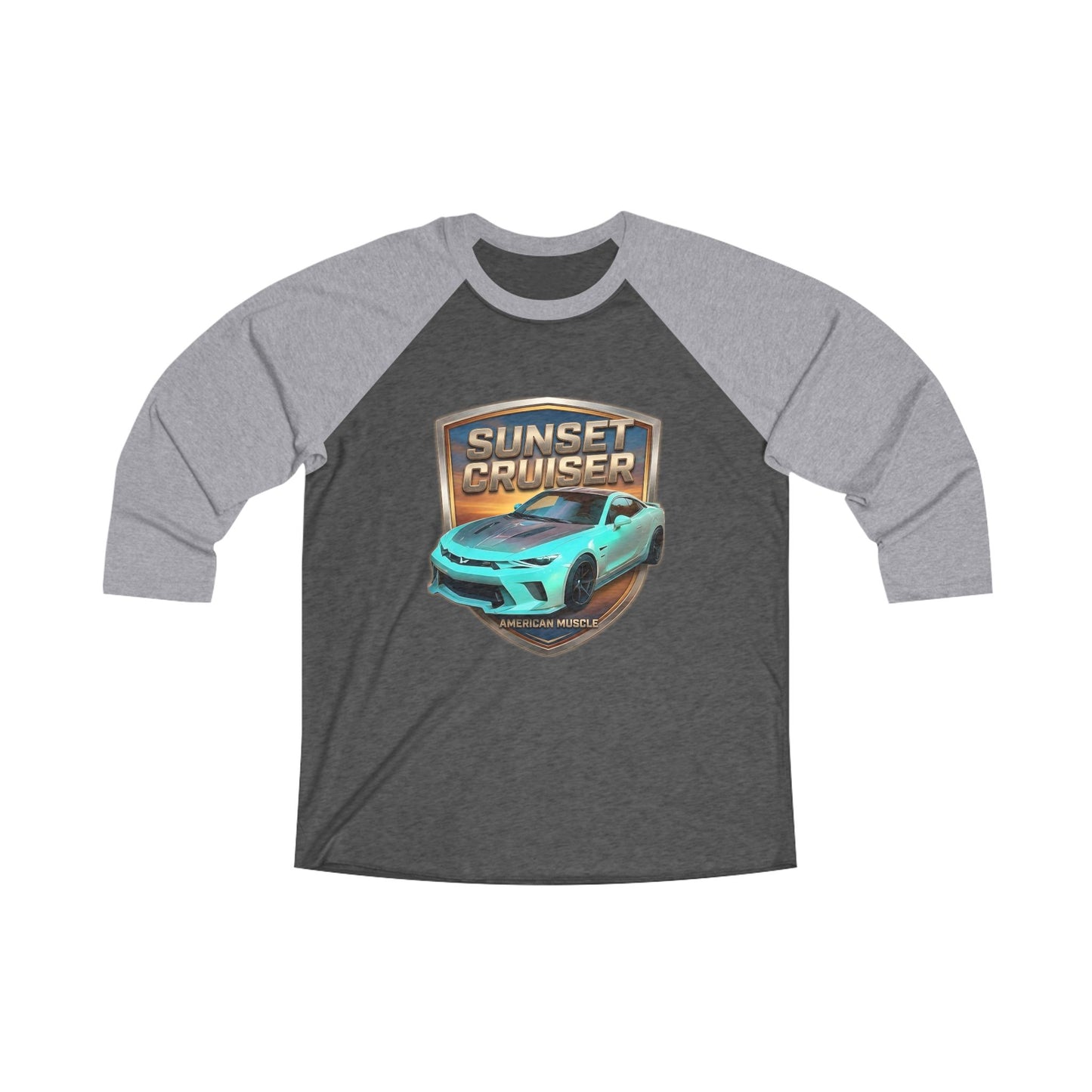 Unisex Adult Aqua 'Sunset Cruiser' Camaro Sports Car Theme American Muscle Series Black/Gray Tri-Blend 3/4 Raglan Tee (Additional Color)