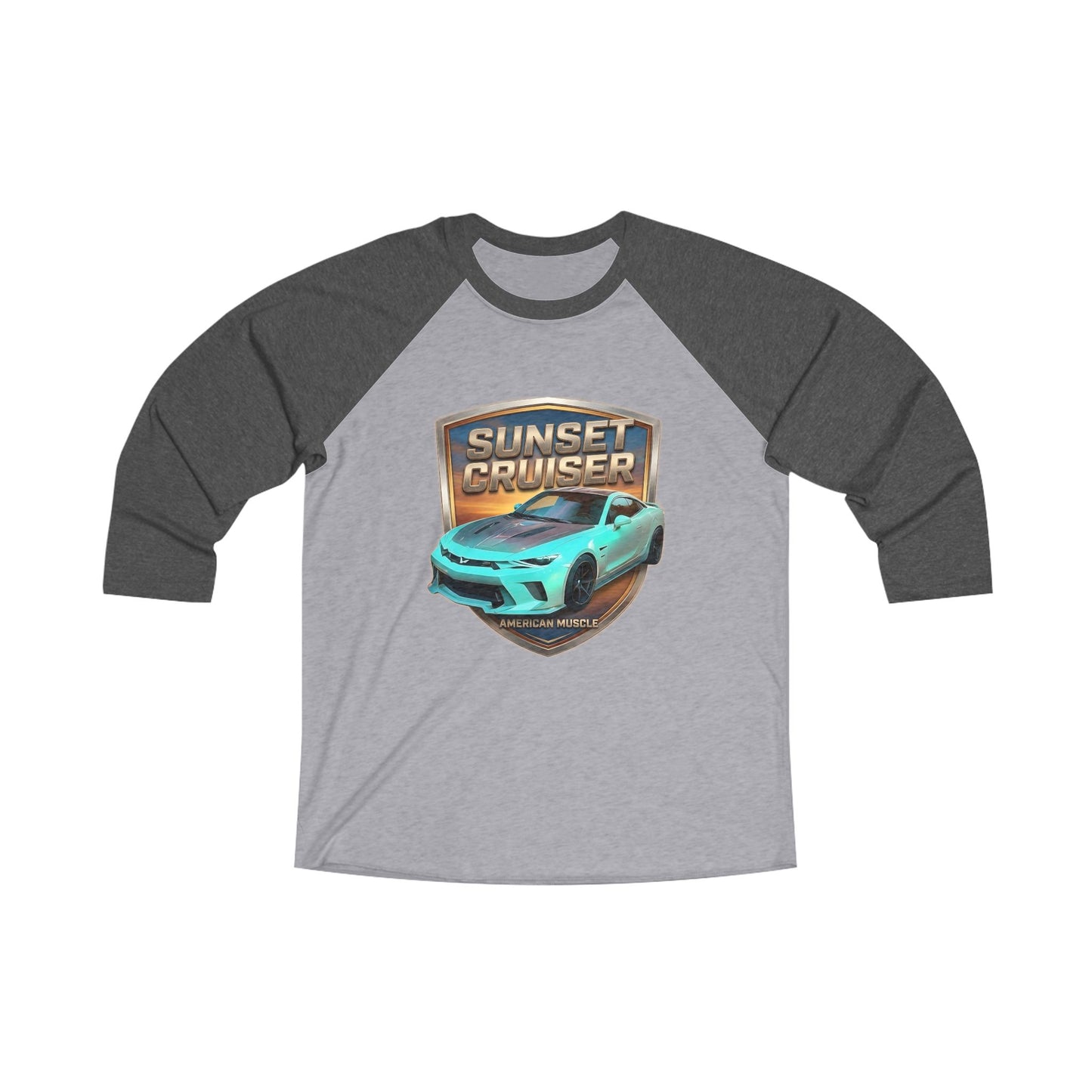 Unisex Adult Aqua 'Sunset Cruiser' Camaro Sports Car Theme American Muscle Series Black/Gray Tri-Blend 3/4 Raglan Tee (Additional Color)