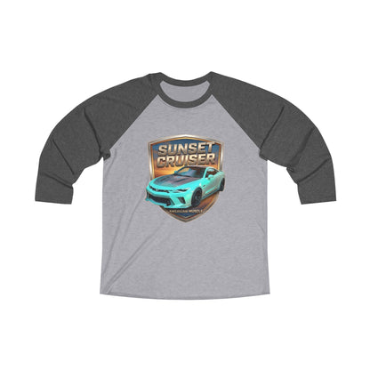 Unisex Adult Aqua 'Sunset Cruiser' Camaro Sports Car Theme American Muscle Series Black/Gray Tri-Blend 3/4 Raglan Tee (Additional Color)
