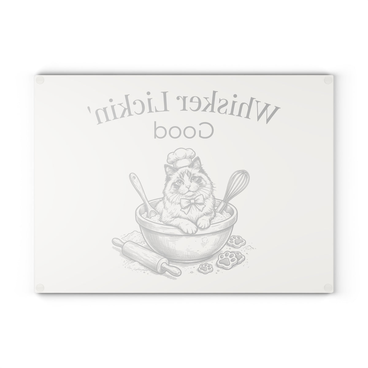 Glass Cutting Board — "Whisker Lickin' Good" Cat Chef Decorative Kitchen Board