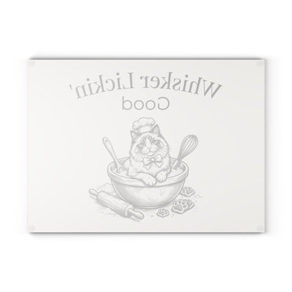Glass Cutting Board — "Whisker Lickin' Good" Cat Chef Decorative Kitchen Board