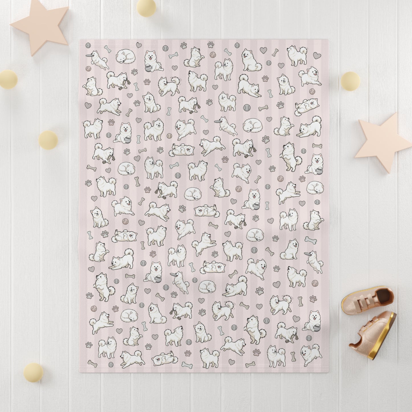 Pink Design Samoyed Puppy Baby Blanket – Cute White Puppy Pattern on Soft Pink Stripes (Soft Fleece)