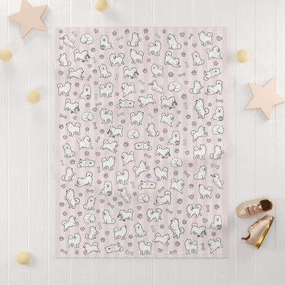 Pink Design Samoyed Puppy Baby Blanket – Cute White Puppy Pattern on Soft Pink Stripes (Soft Fleece)