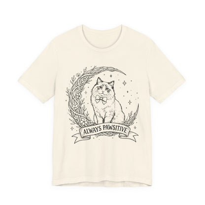 Unisex Adult Cute Cat & Moon Design T-Shirt — “Always Pawsitive” Retro Moon Cat Graphic Tee (Additional Colors)