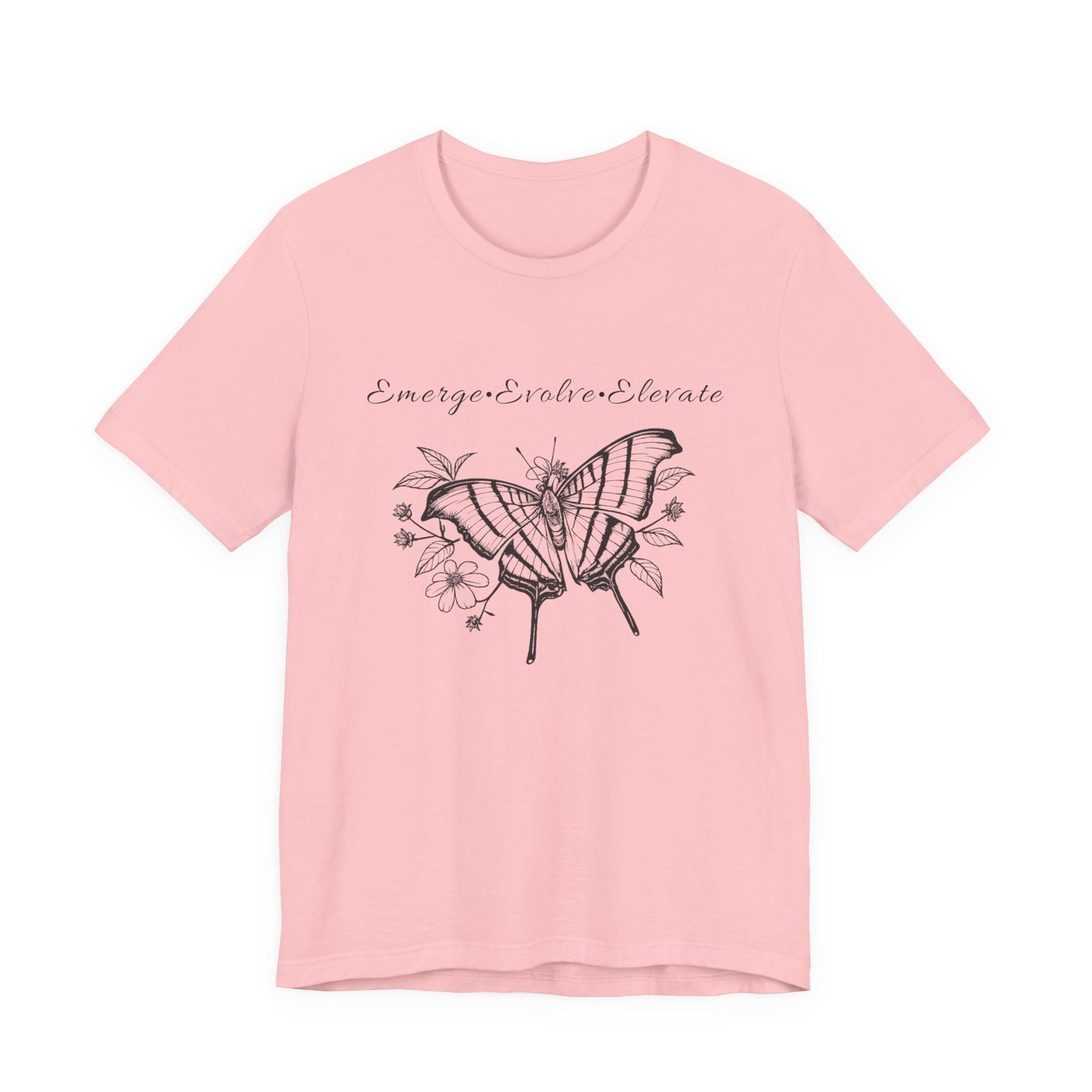 Unisex Adult Butterfly & Flowers Design Short Sleeve Tee - 'Emerge Evolve Elevate' (Additional Colors)