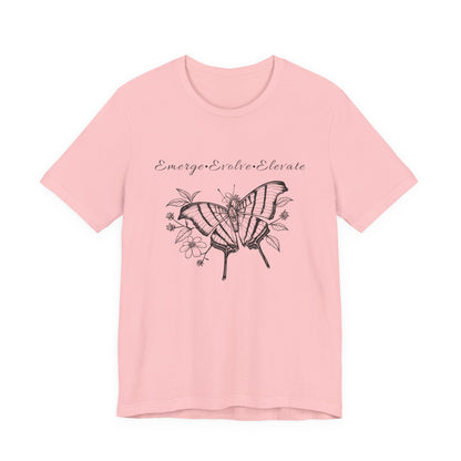Unisex Adult Butterfly & Flowers Design Short Sleeve Tee - 'Emerge Evolve Elevate' (Additional Colors)