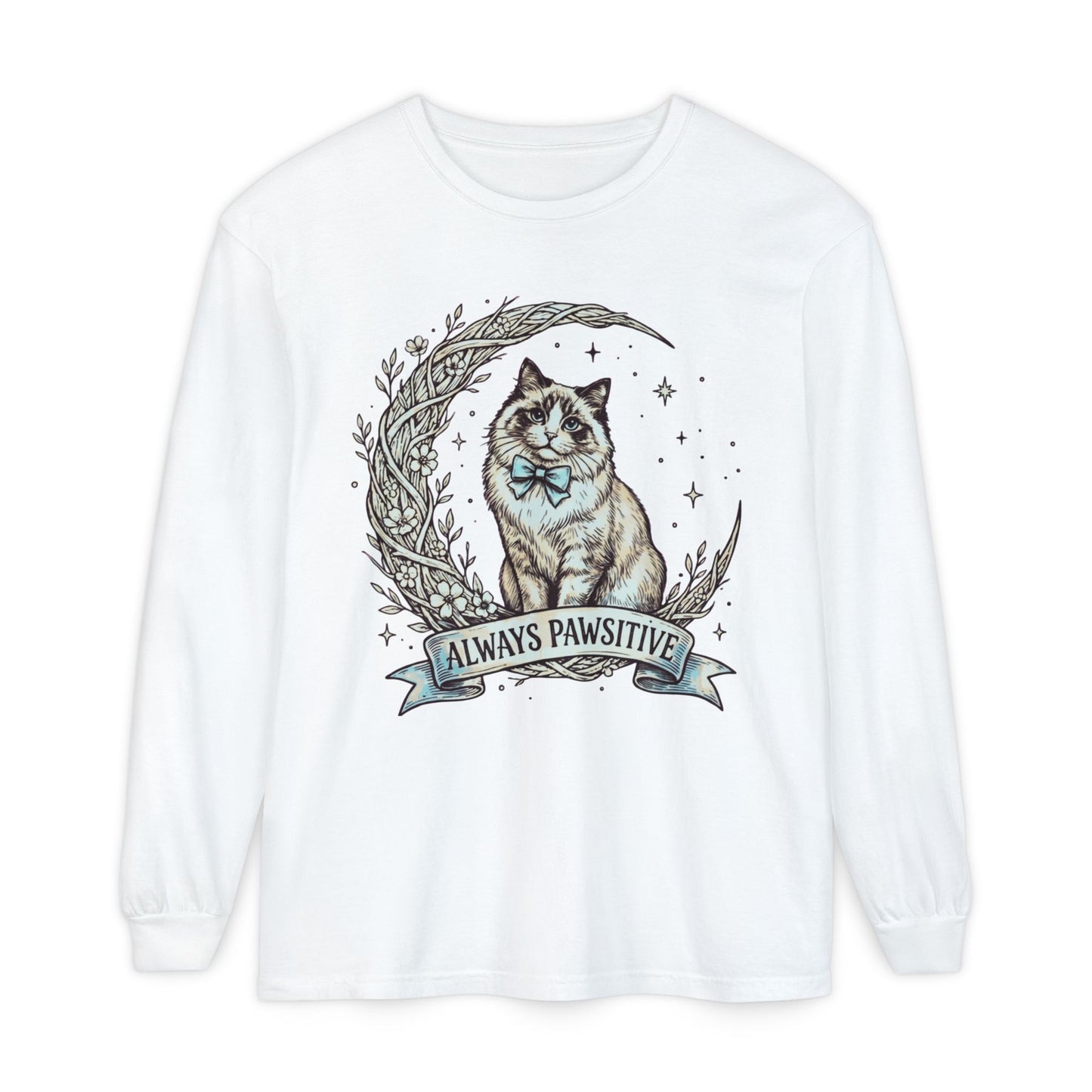 Unisex Adult 'Always Pawsitive' Cat Design Long Sleeve Tee — Cute Ragdoll Cat Graphic Shirt (Additional Colors)