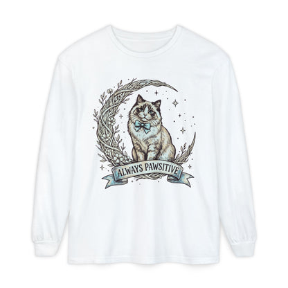 Unisex Adult 'Always Pawsitive' Cat Design Long Sleeve Tee — Cute Ragdoll Cat Graphic Shirt (Additional Colors)