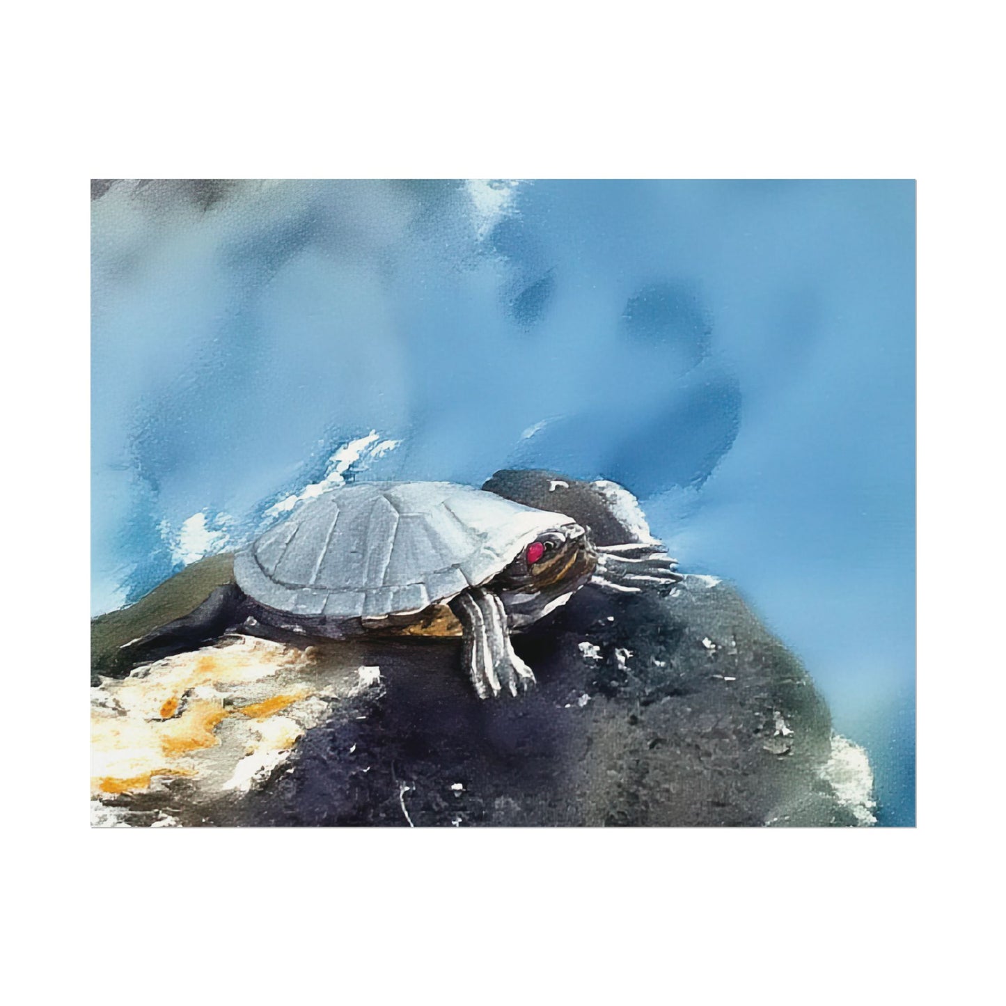 Watercolor-Style Nature-Inspired 'Turtle on the Rocks' Textured Matte Art Print