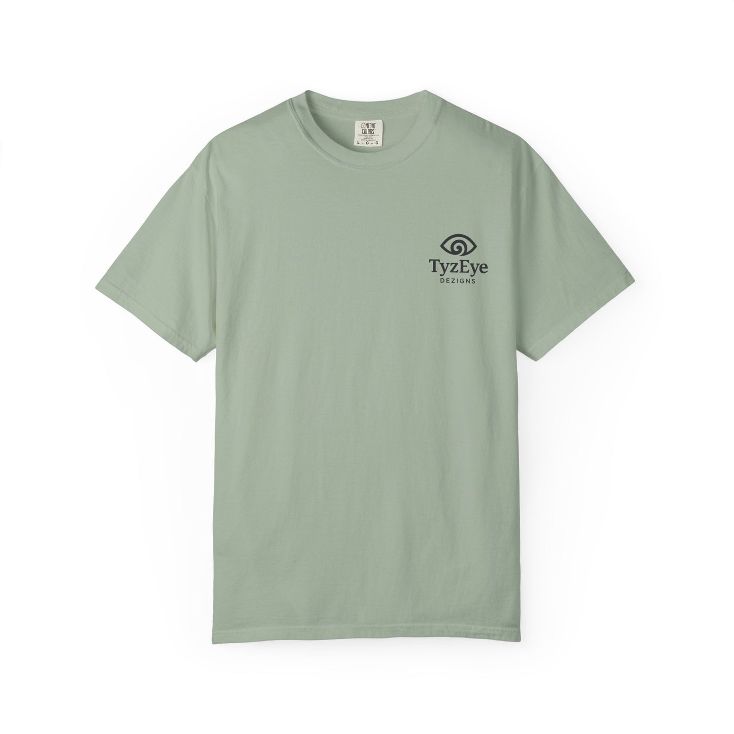 Unisex Adult Sunset Beach Scene II Back Design T-Shirt — Tropical Palm Tree 'Lost In the Horizon' Graphic w/ Logo Front (Additional Color)