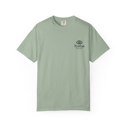 Unisex Adult Sunset Beach Scene II Back Design T-Shirt — Tropical Palm Tree 'Lost In the Horizon' Graphic w/ Logo Front (Additional Color)