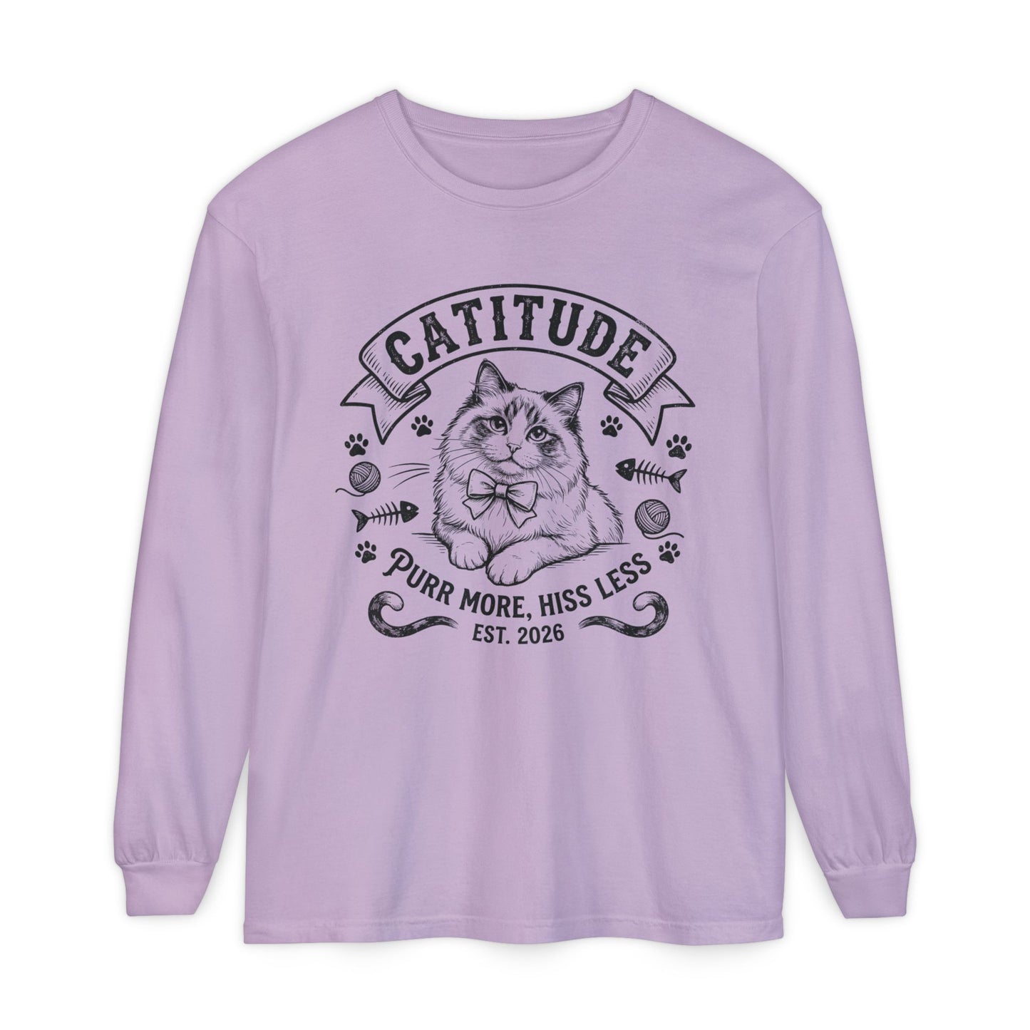 Unisex Catitude Design Long Sleeve Tee — 'Purr More, Hiss Less' Cat Lover Shirt (Additional Colors)