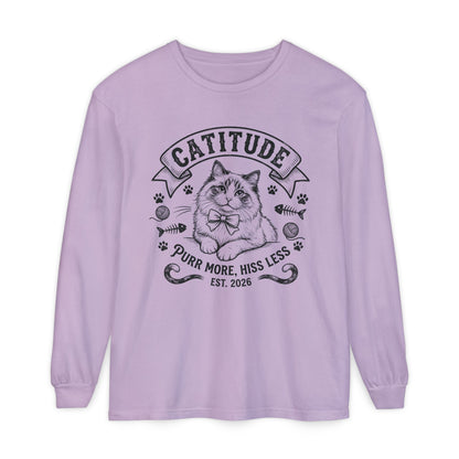 Unisex Catitude Design Long Sleeve Tee — 'Purr More, Hiss Less' Cat Lover Shirt (Additional Colors)