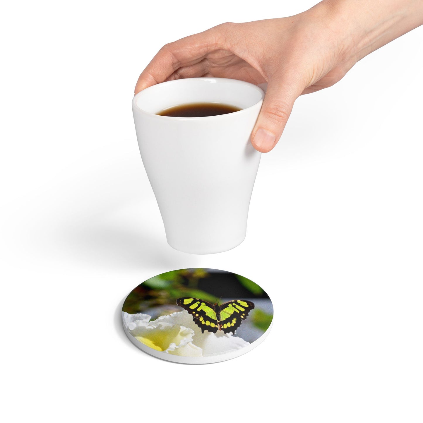 Nature-Inspired Yellow and Black Butterfly in Garden Collectible Ceramic Coaster, 1 Piece