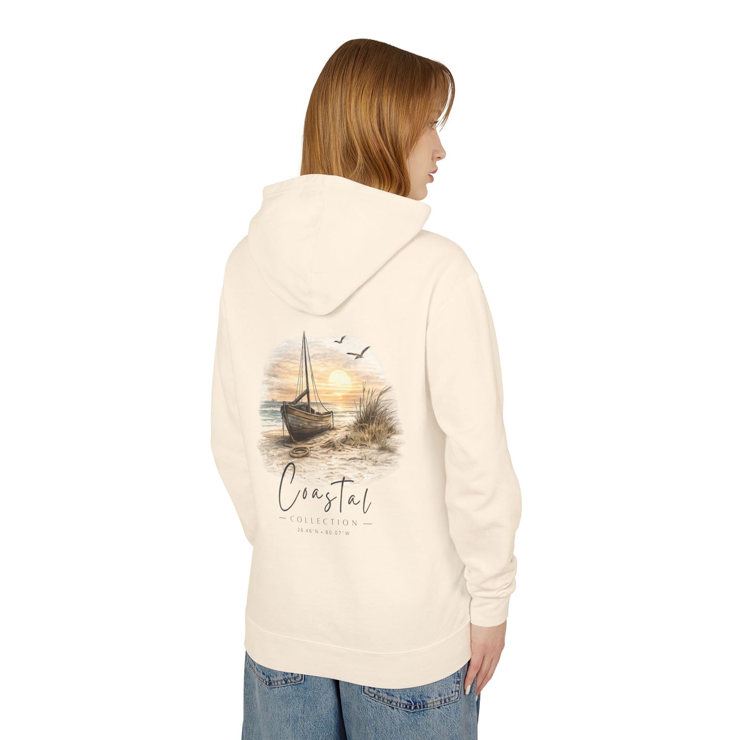 Unisex Adult Coastal Beach Sunset Sailboat Back Design Hoodie — Nautical Coastal Graphic Lightweight Hooded Sweatshirt  w/ Logo (Additional Color)