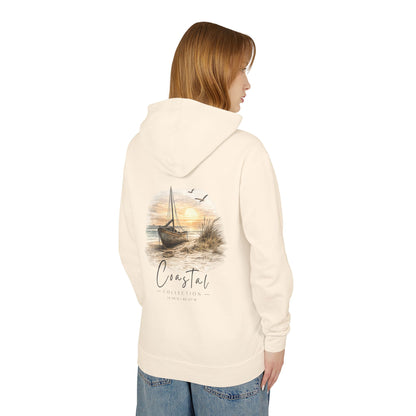 Unisex Adult Coastal Beach Sunset Sailboat Back Design Hoodie — Nautical Coastal Graphic Lightweight Hooded Sweatshirt  w/ Logo (Additional Color)
