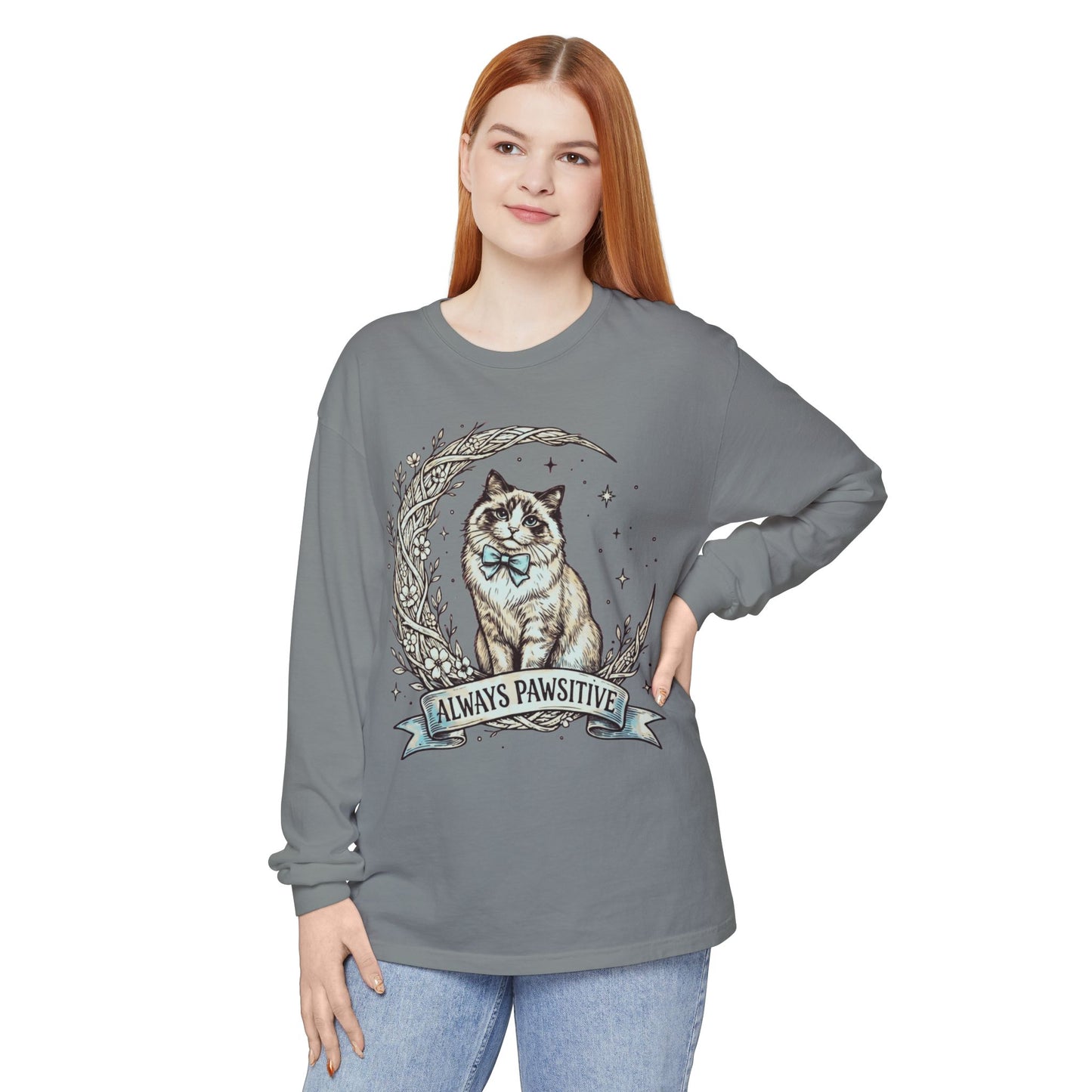Unisex Adult 'Always Pawsitive' Cat Design Long Sleeve Tee — Cute Ragdoll Cat Graphic Shirt (Additional Colors)