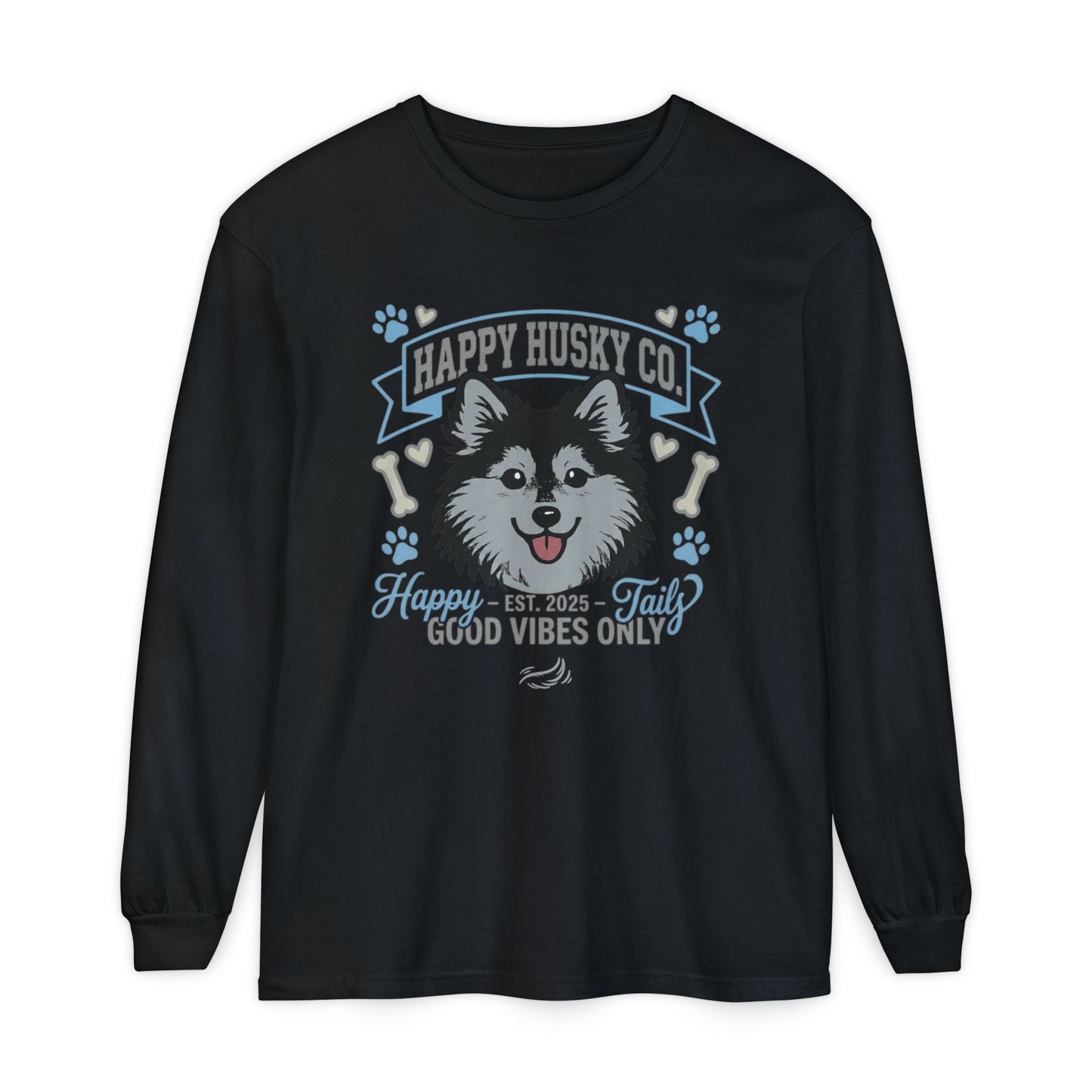 Happy Husky Co. Unisex Long Sleeve Tee — 'Happy Tails, Good Vibes Only' Dog Lover Shirt (Additional Colors)