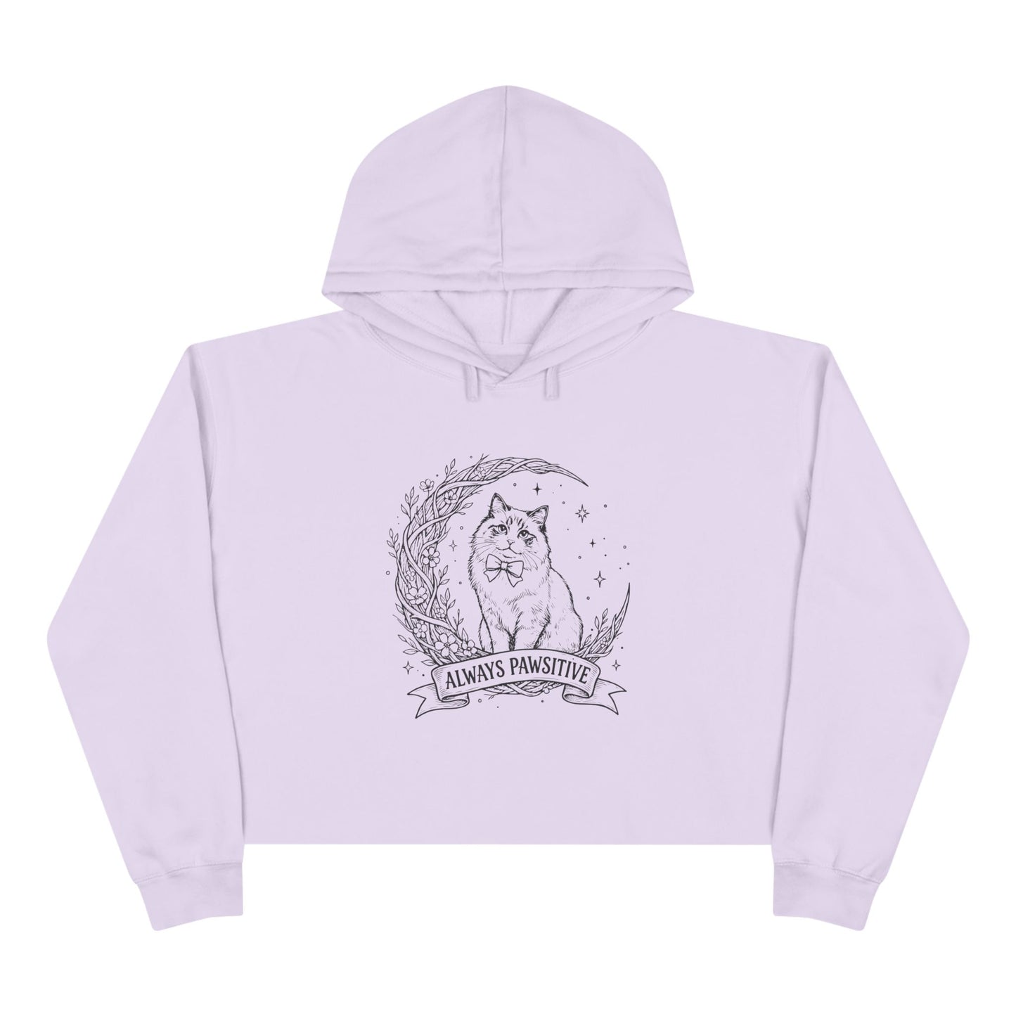 Cute Cat & Moon Crop Hoodie — “Always Pawsitive” Cozy Graphic Pullover (Additional Colors)
