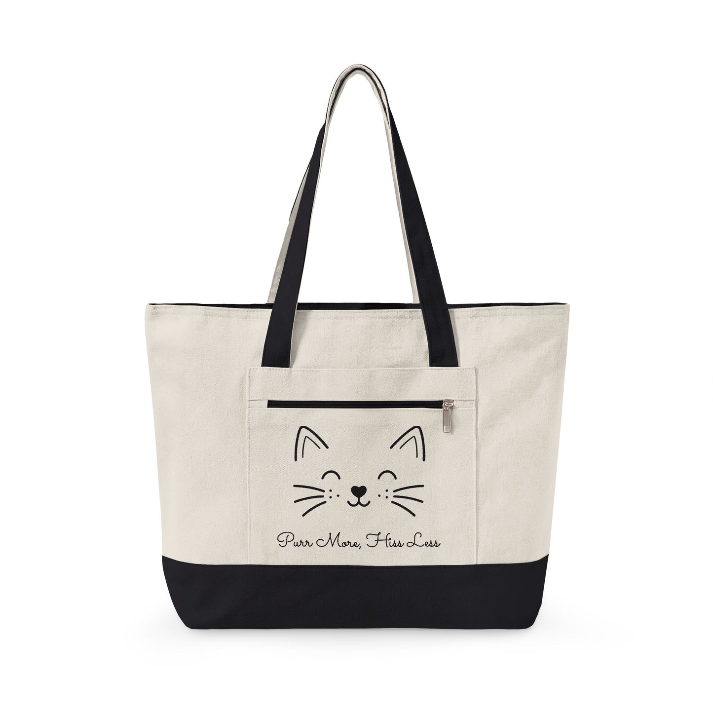 Cute Cat Face Canvas Tote Bag —  'Purr More, Hiss Less' Zippered Beach & Market Tote (Additional Colors)