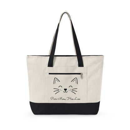 Cute Cat Face Canvas Tote Bag —  'Purr More, Hiss Less' Zippered Beach & Market Tote (Additional Colors)