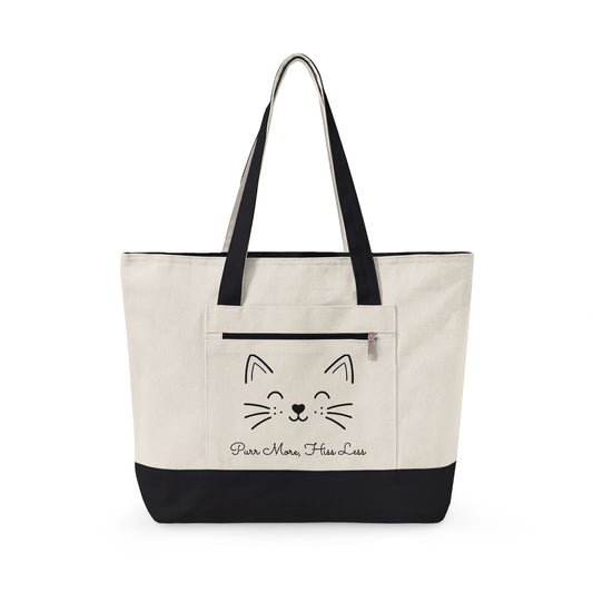Cute Cat Face Canvas Tote Bag —  'Purr More, Hiss Less' Zippered Beach & Market Tote (Additional Colors)