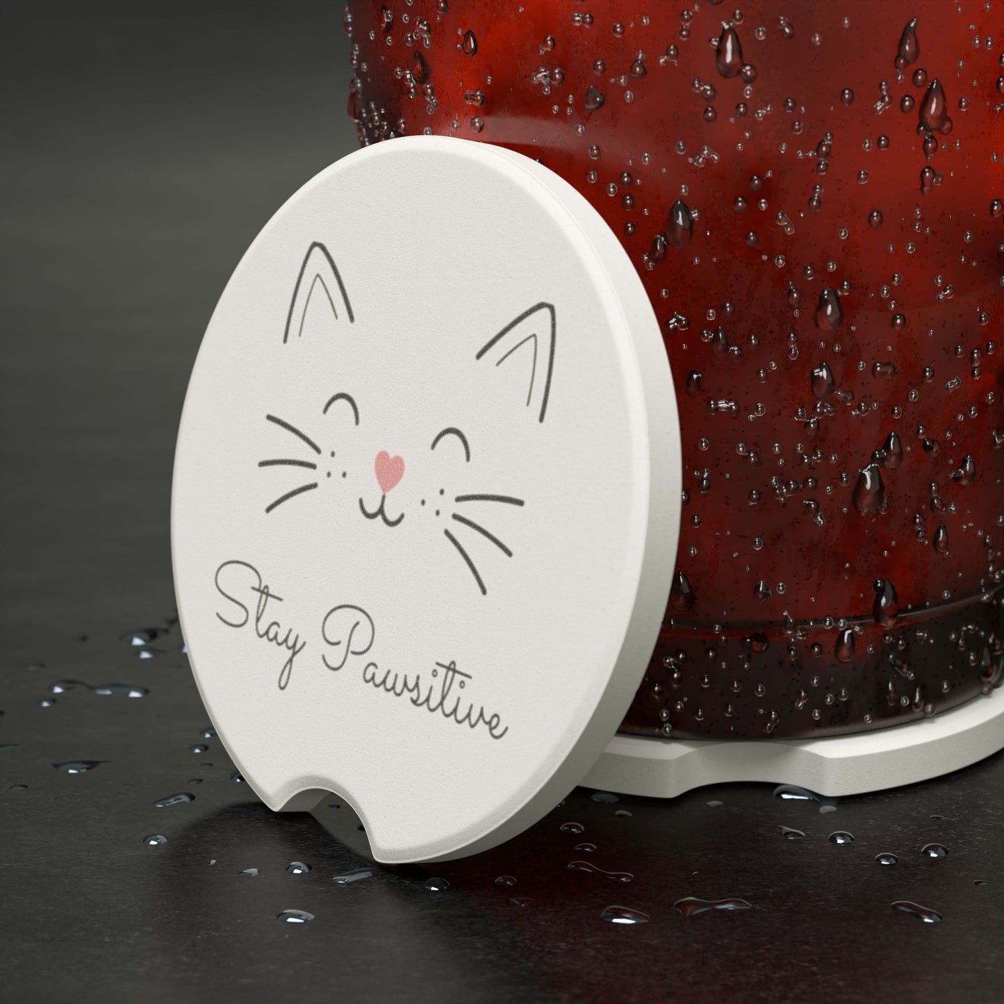 Catitude Collection Cat Face Soapstone Car Coaster — 'Stay Pawsitive' Car Cup Holder Coaster (Single or 2-Piece Set)
