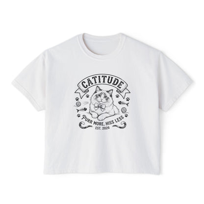 Catitude Women's Boxy Tee — 'Purr More, Hiss Less' Cute Cat Graphic Shirt (Additional Colors)