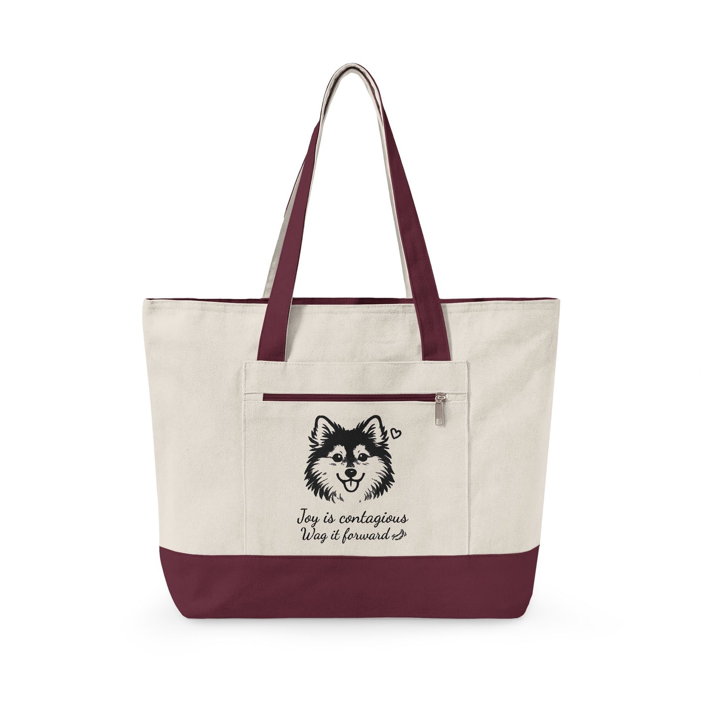 Adorable Pomsky With A Heart Canvas Tote Bag, 'Joy is contagious, Wag it forward' Zippered Beach & Market Tote (Additional Colors)
