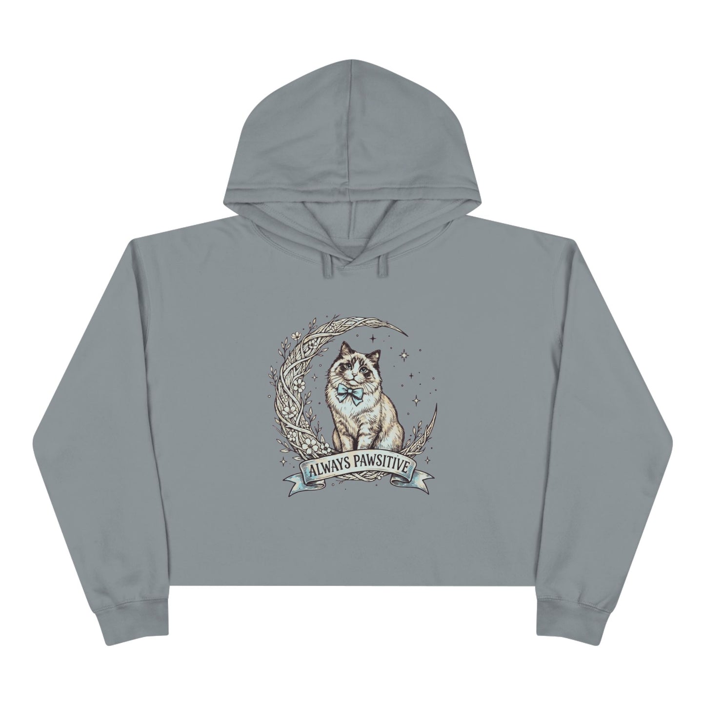 Cute Cat & Moon Crop Hoodie — “Always Pawsitive” Cozy Graphic Pullover (Additional Colors)