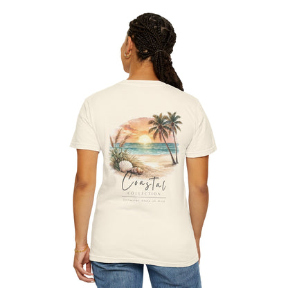 Unisex Adult Sunset Beach Scene Back Design T-Shirt — Tropical Palm Tree 'Saltwater State of Mind' Graphic w/ Logo Front (Additional Color)