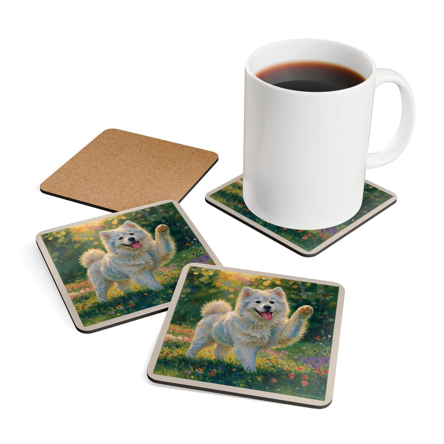 Samoyed Dog Design Coaster 4-Piece Set — Cute Paw-Waving Puppy Cork Coasters, Floral Sunny Garden Décor Gift