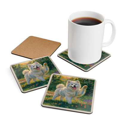 Samoyed Dog Design Coaster 4-Piece Set — Cute Paw-Waving Puppy Cork Coasters, Floral Sunny Garden Décor Gift