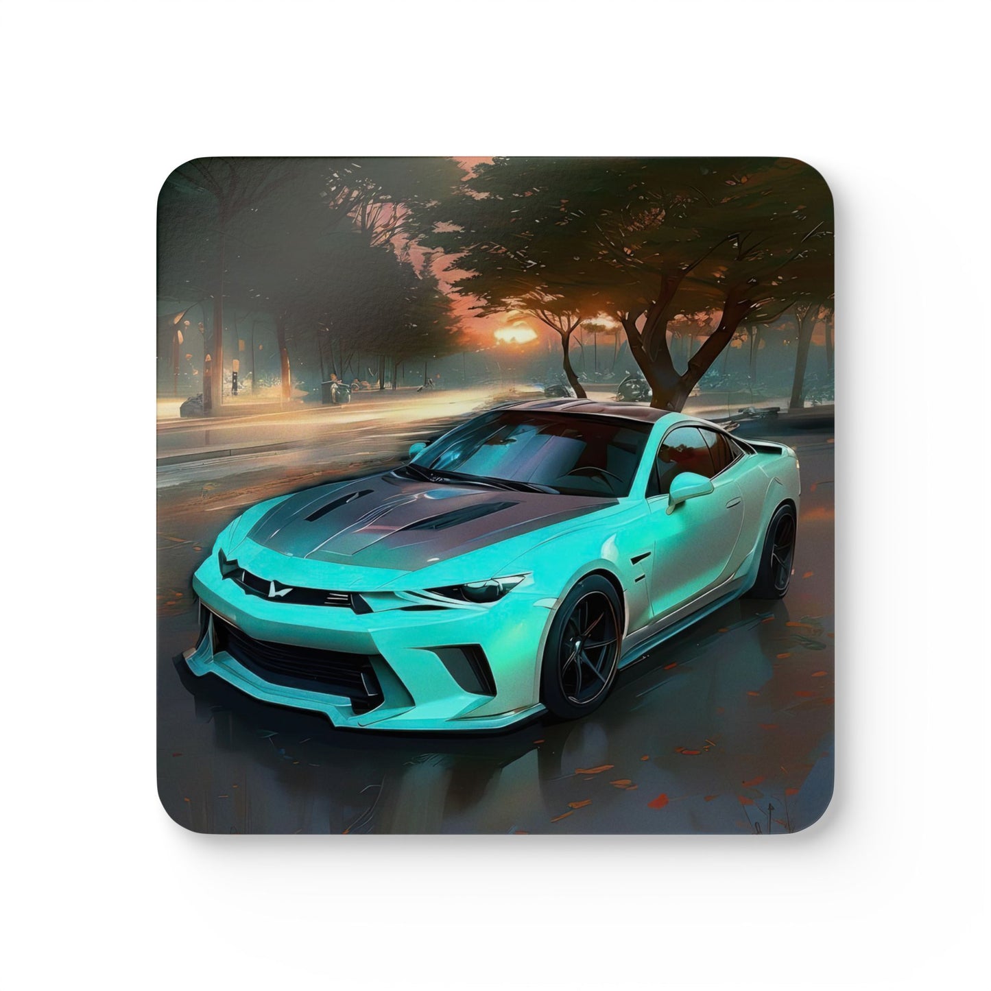 Sunset Scene Teal Camaro Sports Car Theme Cork Drink Coaster Set, (4 Piece)
