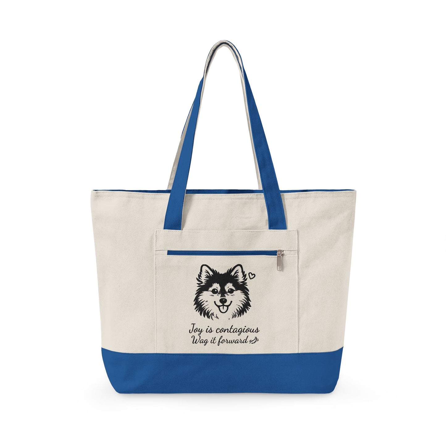 Adorable Pomsky With A Heart Canvas Tote Bag, 'Joy is contagious, Wag it forward' Zippered Beach & Market Tote (Additional Colors)