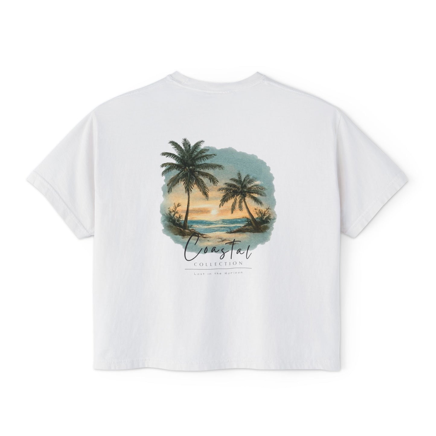 Women's Sunset Beach Scene II Back Design Boxy Tee - Tropical Palm Tree 'Lost In the Horizon' Graphic Tee (Additional Colors)