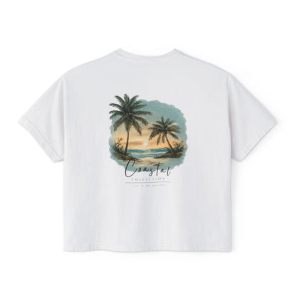 Women's Sunset Beach Scene II Back Design Boxy Tee - Tropical Palm Tree 'Lost In the Horizon' Graphic Tee (Additional Colors)