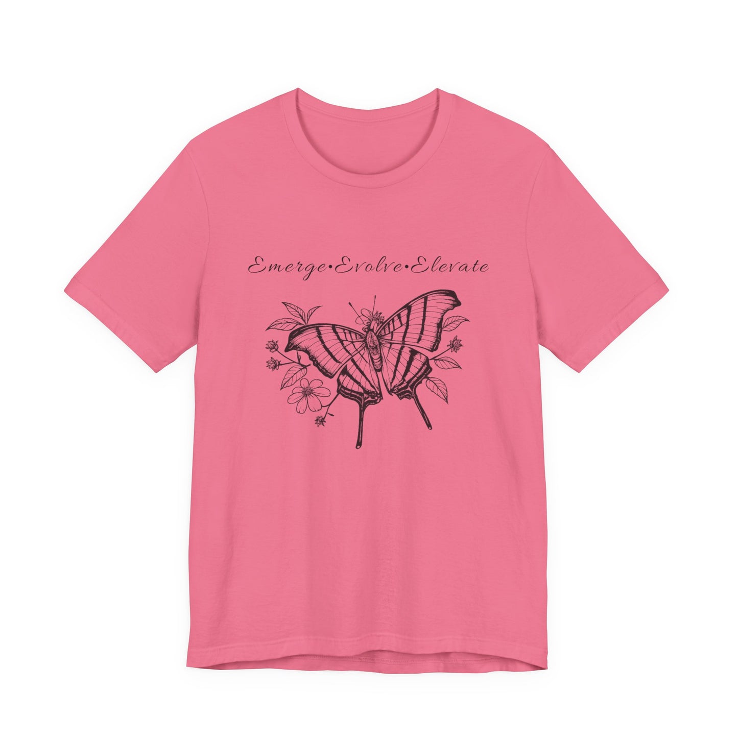 Unisex Adult Butterfly & Flowers Design Short Sleeve Tee - 'Emerge Evolve Elevate' (Additional Colors)