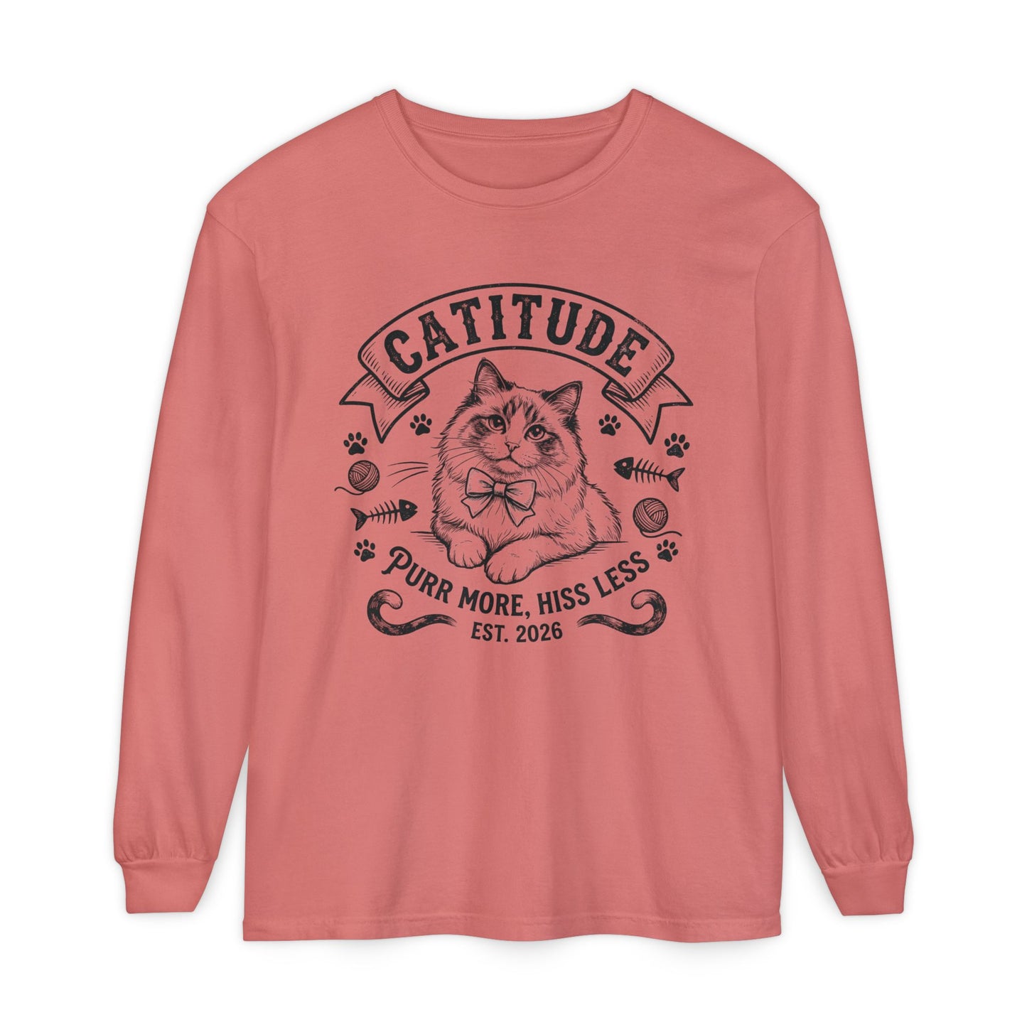 Unisex Catitude Design Long Sleeve Tee — 'Purr More, Hiss Less' Cat Lover Shirt (Additional Colors)