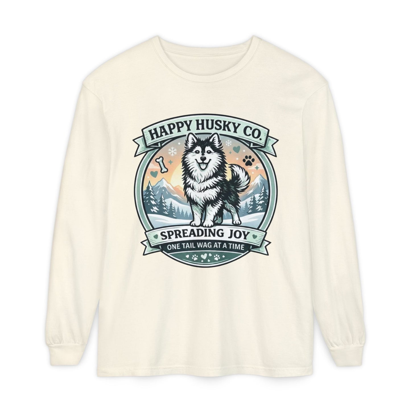 Unisex Colorful Happy Husky Co. Long Sleeve T-Shirt — 'Spreading Joy One Tail Wag At A Time' Graphic (Additional Colors)