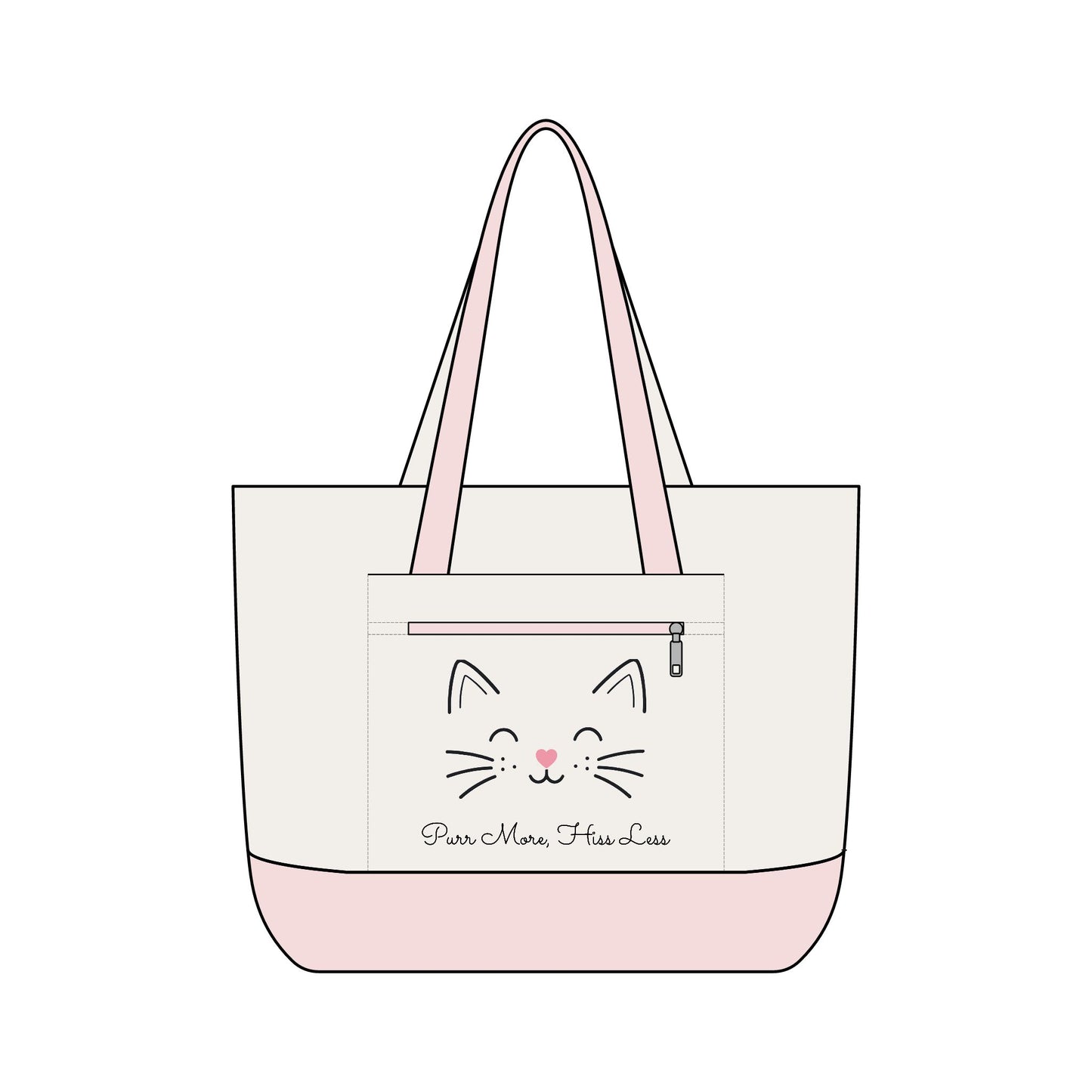 Cute Cat Face Canvas Tote Bag —  'Purr More, Hiss Less' Zippered Beach & Market Tote (Additional Colors)
